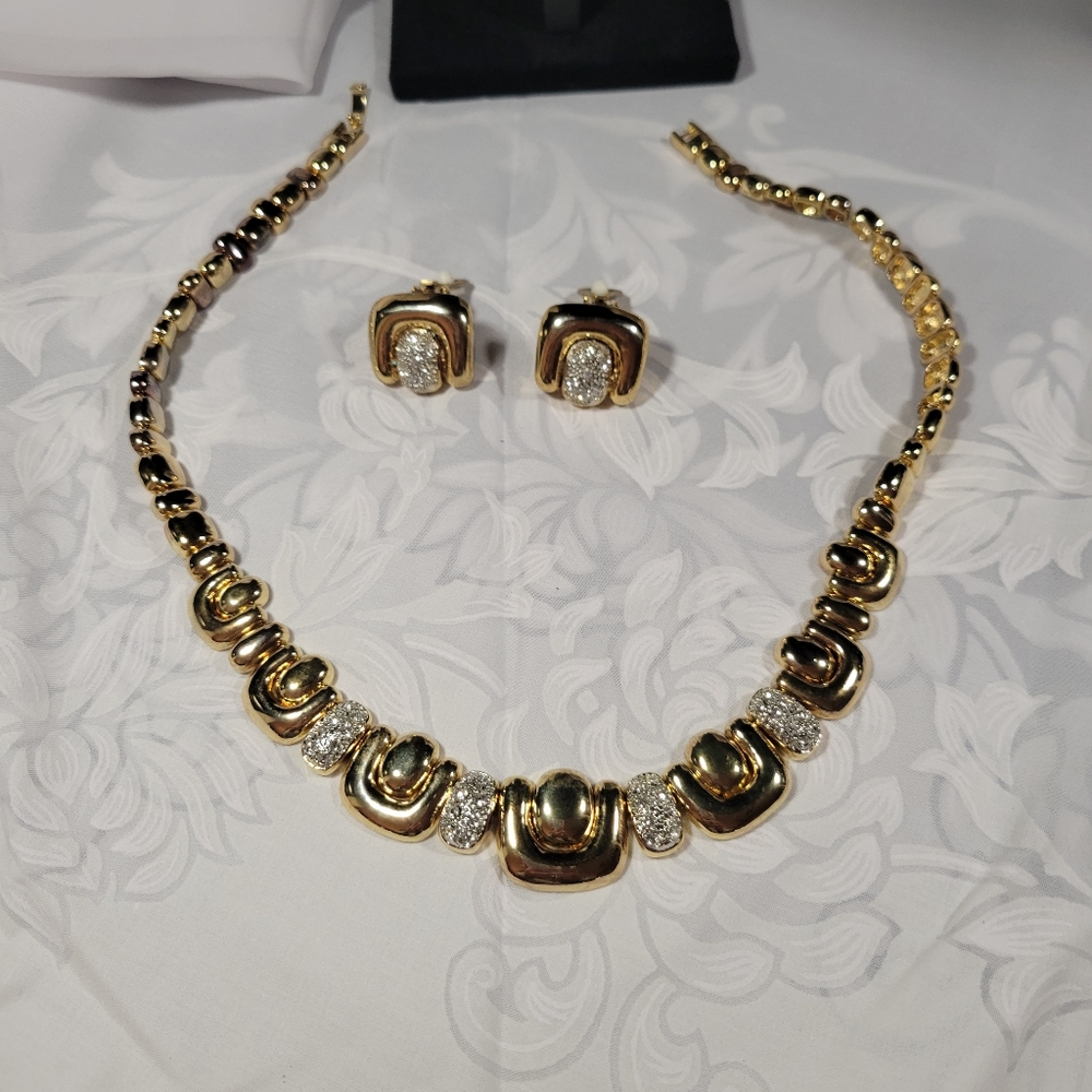 Goldtone and crystal 1980s necklace and earrings set unmarked